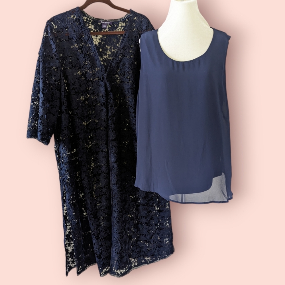 Roamans Duster Set 28WP Top Jacket Navy Blue Crochet 2 Pieces Formal 3/4 Sleeve